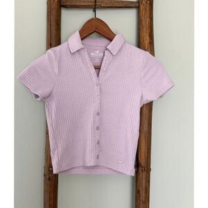 Hollister Lilac Ribbed Crop Button-Up Polo Top Short Sleeve Summer Y2K Style